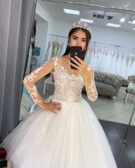 A-Line Tulle Long Sleeves Wedding Dress With Lace