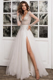 Boho Long Sleeve A-Line Lace V-Neck Wedding Dress with Slit and Tulle BM bride