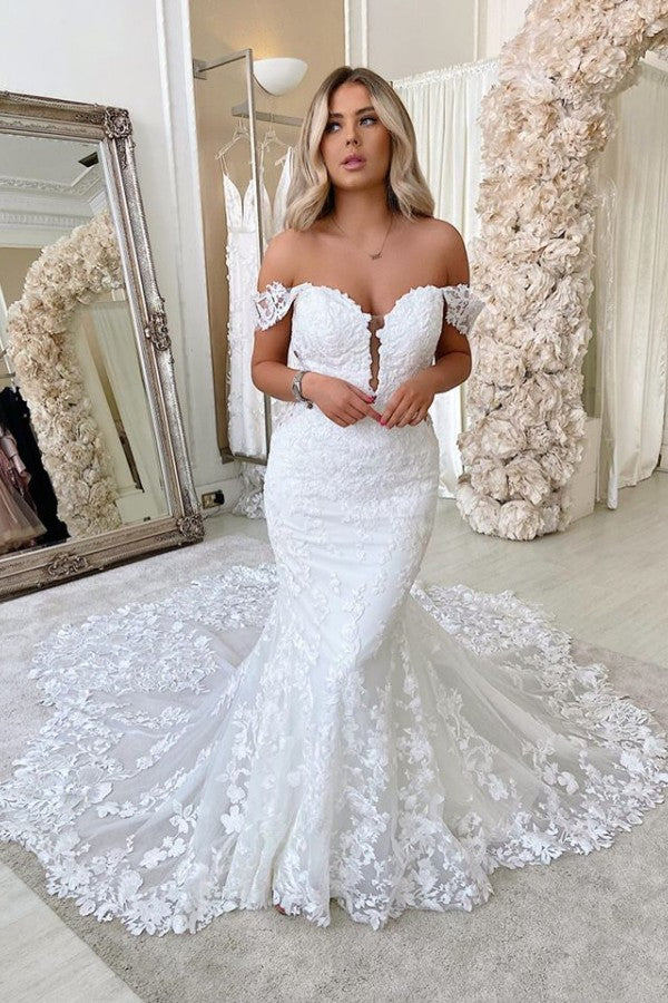 Off-The-Shoulder Long Mermaid Wedding Dress With Backless Design Lace BM bride