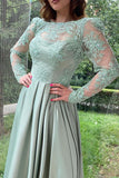 Dusty Sage Long Sleeve Evening Dress with Split Lace BM bride