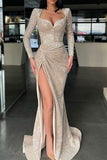 Long Sleeves Mermaid Evening Dress with Sequins and Split BM bride