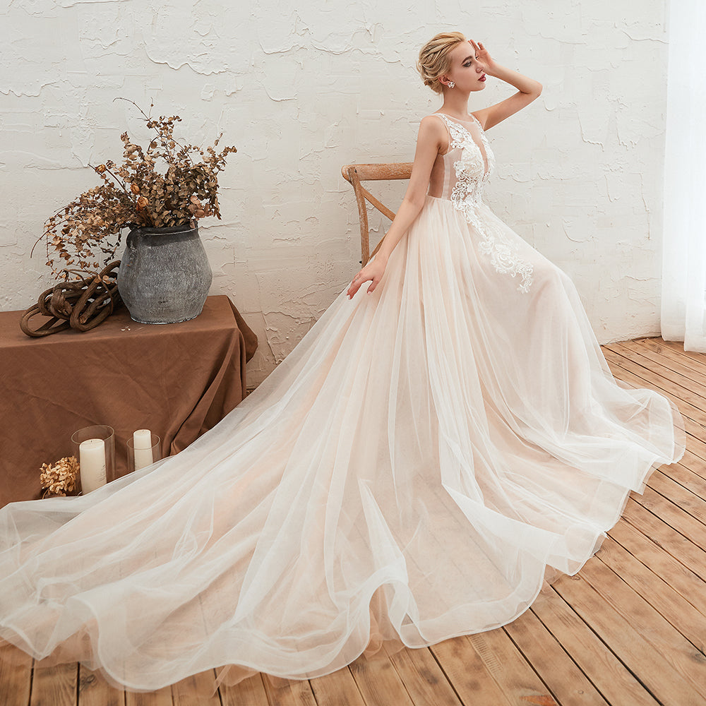 Delicate A-Line Bateau Tulle Open Back Wedding Dress with Floral Lace BM bride