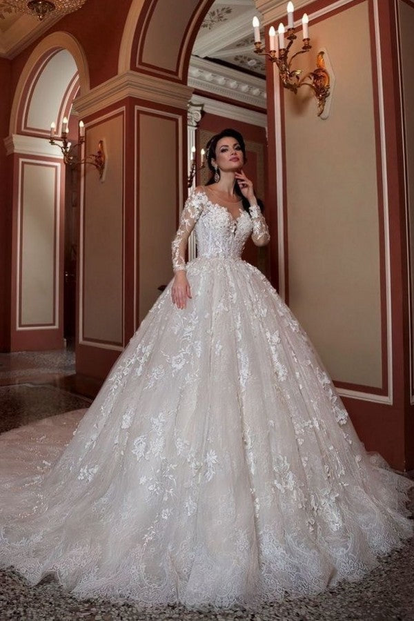 Attractive Long Sleeve Bateau Beaded Train Wedding Dress with A-Line Lace Appliques