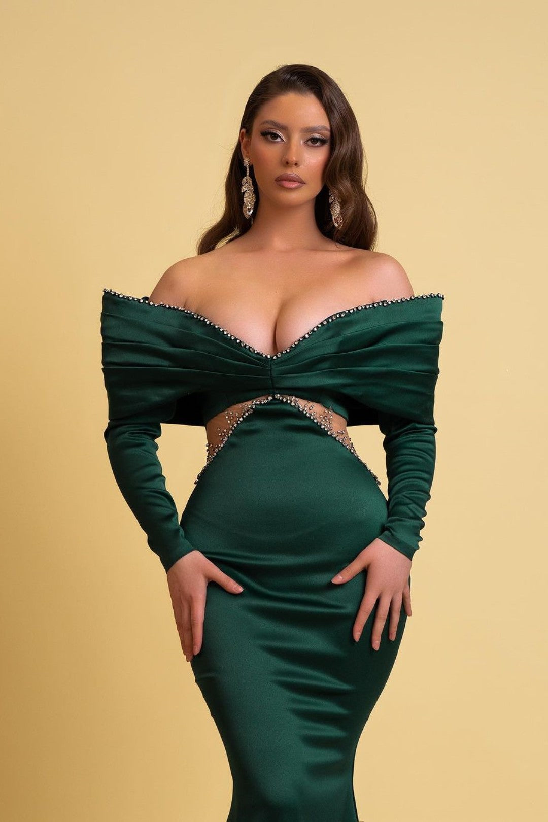 Emerald Green Off-the-Shoulder Charmeuse V Neck Mermaid Prom Dress BM bride