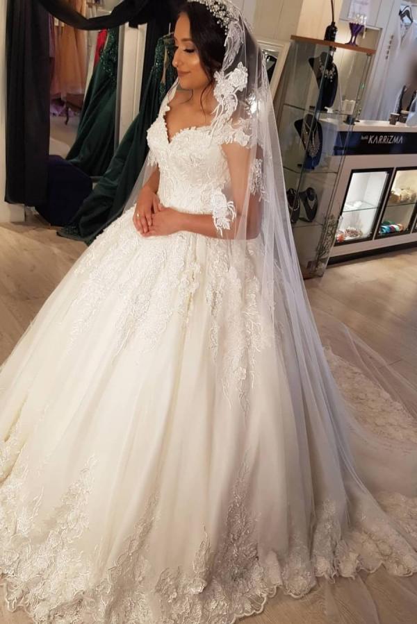 Beautiful Long Princess Off-the-Shoulder Wedding Dress with Lace BM bride