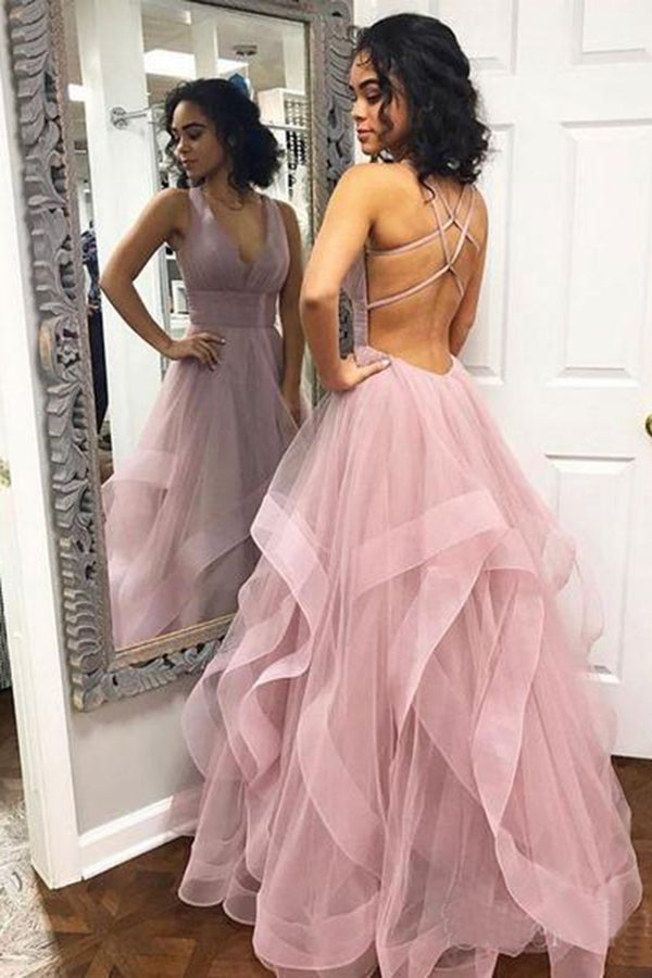 V-Neck Sleeveless Prom Dress with Tulle and Ruffles BM bride