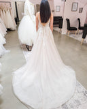 Long A-line V-neck Wedding Dresses With Lace Tulle Backless Design BM bride