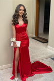 Red Spaghetti-Strap Evening Dress with Slit BM bride