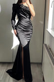 One-Shoulder Long Sleeve Mermaid Evening Dress with Beading Split BM bride