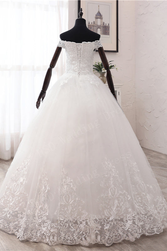 Off-the-shoulder Ball Gown Tulle Wedding Dress With Lace Appliques BM bride