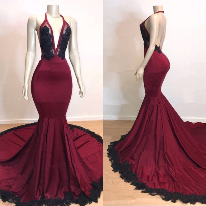 Burgundy Black V-Neck Mermaid Evening Dress Halter with Applique BM bride