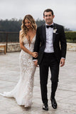 Spaghetti Strap Jewel Mermaid Wedding Dress with V-Neck Lace BM bride