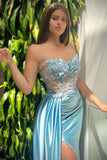 Blue Strapless Sweetheart Mermaid Evening Dress with Appliques, Beads, and Ruffles Slit BM bride