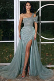 Vintage One Shoulder Mermaid Evening Dress with Beadings and Long Ruffles BM bride