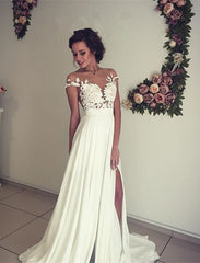 A-Line Chiffon Wedding Dress With Lace Ruffles Side Slit Appliques