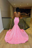 Pink Sleeveless Sequins Mermaid Evening Dress Long with Slit BM bride