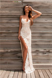 Lace Spaghetti-Strap Prom Dress Women's Evening Dress with Slit BM bride