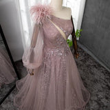 Extreme Pink Sexy One Shoulder Evening Dress with Feather Detail BM bride