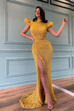 Yellow High Neck Beaded Mermaid Prom Dress with Split BM bride