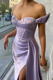 Stunning Lilac Off-the-Shoulder Evening Dress Long Split with Ruffle BM bride