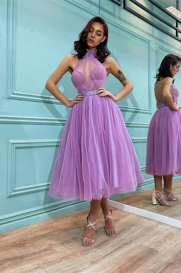 Lavender High Neck Short Tulle Prom Dress BM bride