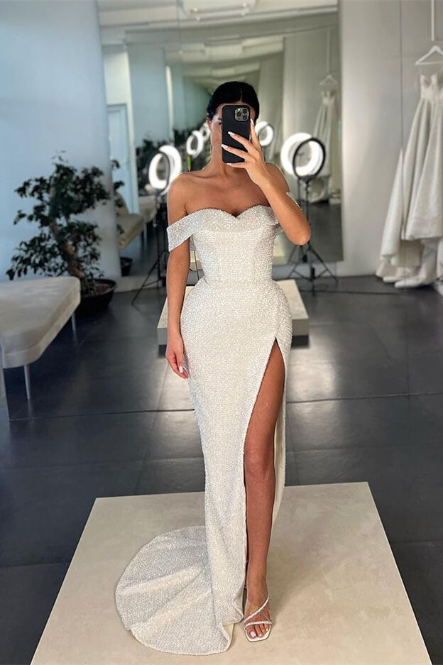 White Off-the-Shoulder Sequins Mermaid Prom Dress with Split BM bride