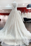 V-Neck Long A-Line Spaghetti Strap Backless Wedding Dress with Tulle Lace BM bride