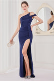 Navy Blue Mermaid Evening Dress with Off-the-Shoulder and Front Split BM bride