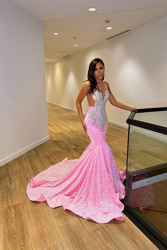 Pink Sleeveless Sequins Mermaid Evening Dress Long with Slit BM bride