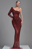 Burgundy One-Shoulder Heavy Sequins Mermaid Evening Dress BM bride