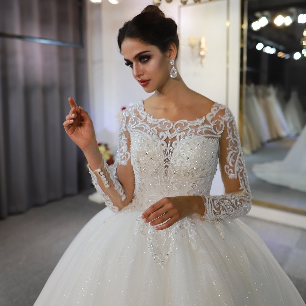 Gorgeous A-Line Bateau Long Sleeve Floor-Length Wedding Dress with Lace and Sequin Appliques BM bride