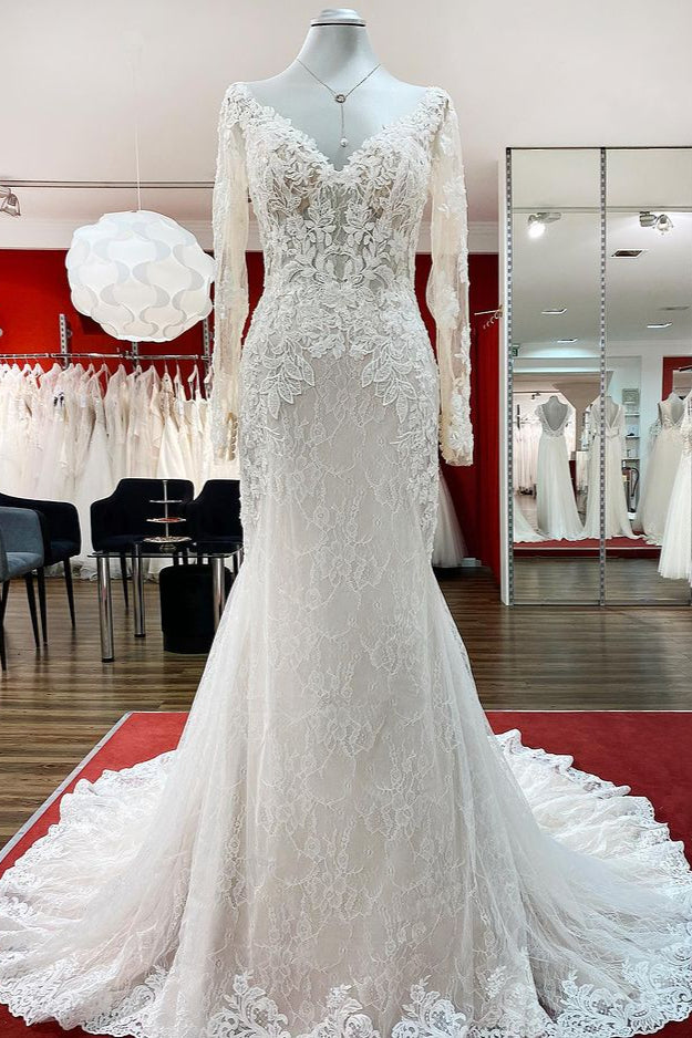 Sweetheart Princess Wedding Dress Long Sleeves With Appliques Lace BM bride