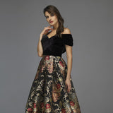 Black Off Shoulder Evening Dress with Flowers and Short Sleeves BM bride