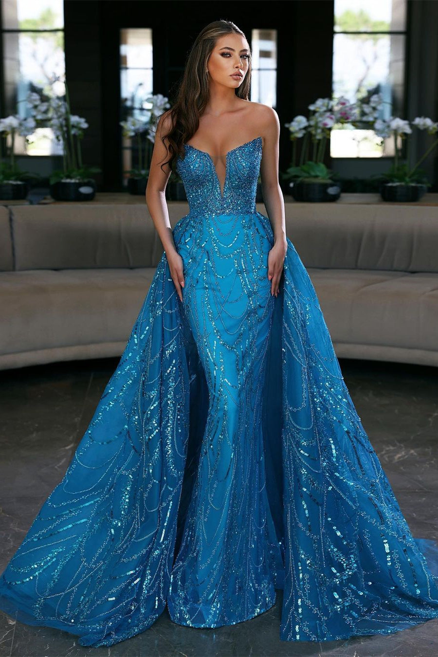 Royal Blue Sequin Sleeveless Strapless Long Evening Prom Dress BM bride