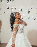 Sweetheart A-Line Floor-length Tulle Wedding Dress With Long Sleeves Lace Appliques BM bride