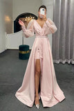 Long Sleeve A-Line Slit Evening Dress with Puff Sleeves BM bride