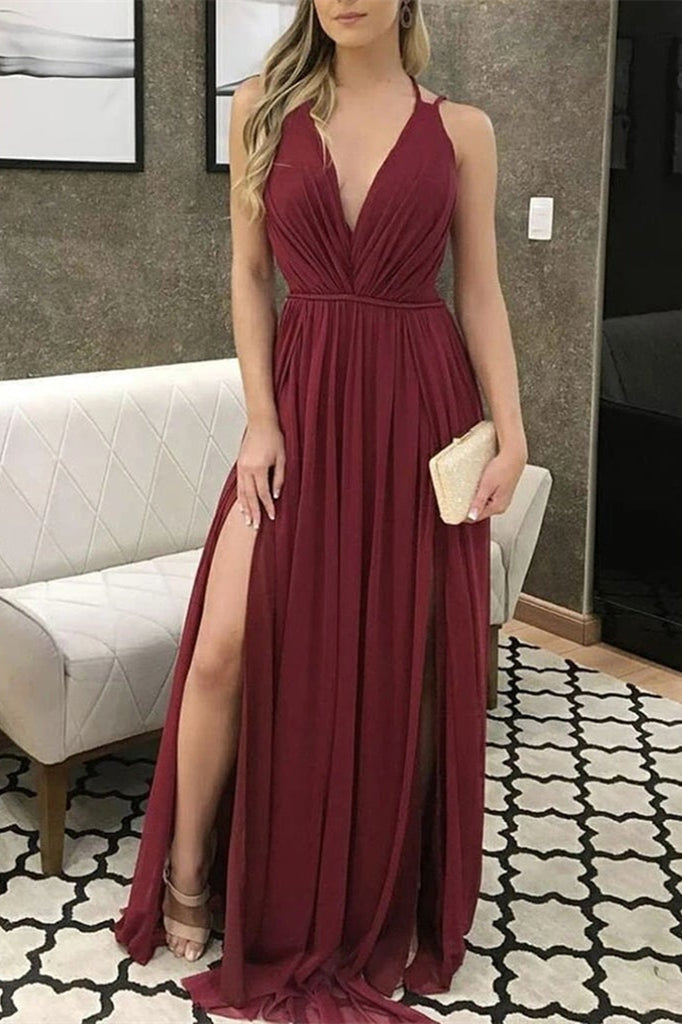 V-Neck Burgundy Chiffon Prom Dress with Slit BM bride