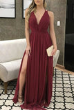 V-Neck Burgundy Chiffon Prom Dress with Slit BM bride