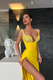 Yellow Sequin Straps Mermaid Prom Dress with Slit BM bride