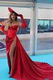 Charming Red Evening Dress Off-the-Shoulder Strapless Long Sleeve with Slit BM bride