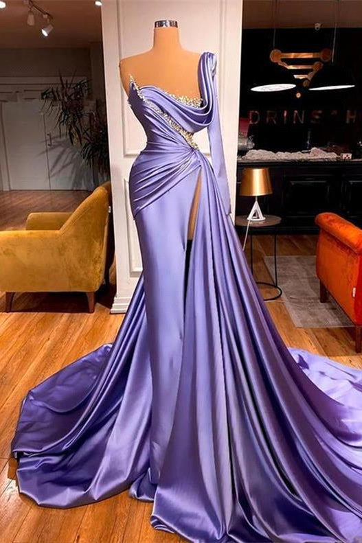 One Shoulder Long Sleeves Mermaid Prom Dress with Beadings BM bride