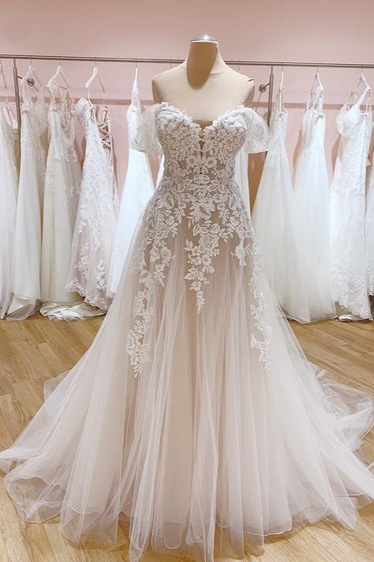 Off-the-Shoulder Train A-Line Wedding Dress with Sweetheart Backless Tulle BM bride