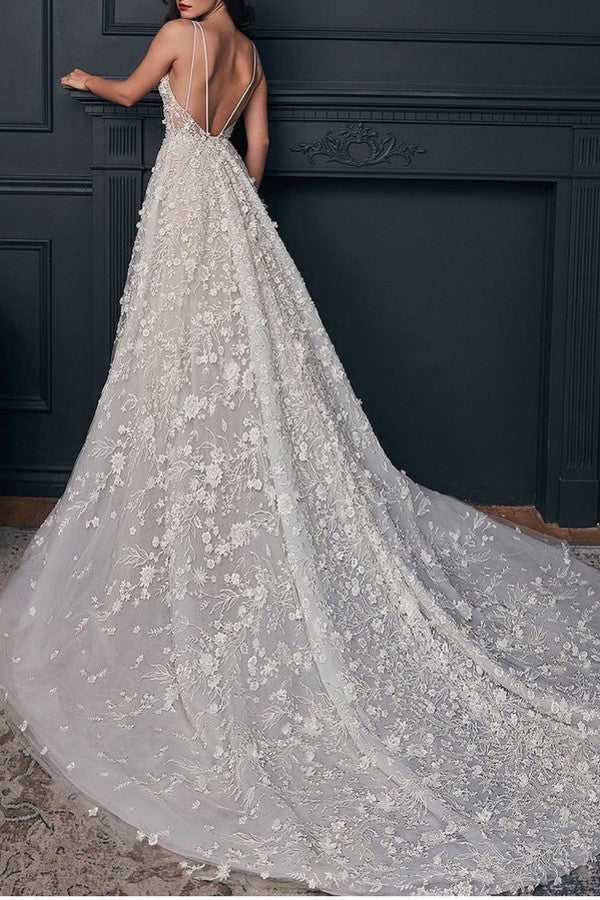 Luxury Long A-line V-neck Lace Wedding Dress With Appliques BM bride