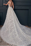 Luxury Long A-line V-neck Lace Wedding Dress With Appliques BM bride