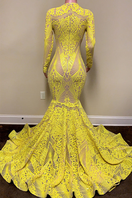 Evening Dress Yellow Mermaid Long Sleeves with Appliques BM bride