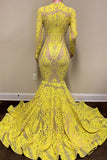 Evening Dress Yellow Mermaid Long Sleeves with Appliques BM bride