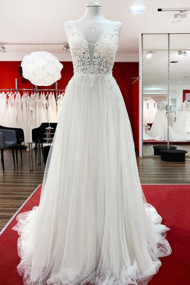 Modest Long A-Line V-Neck Tulle Ruffle Backless Wedding Dress with Lace BM bride