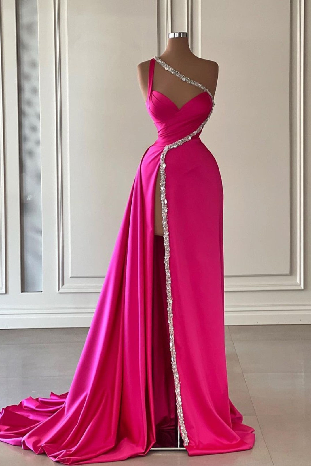 Fuchsia One Shoulder Evening Dress with Slit and Beaded Pleats BM bride