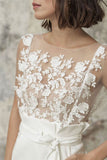 Bateau Neck Short Applique Wedding Dress with Belt and Pockets BM bride