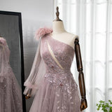 Extreme Pink Sexy One Shoulder Evening Dress with Feather Detail BM bride